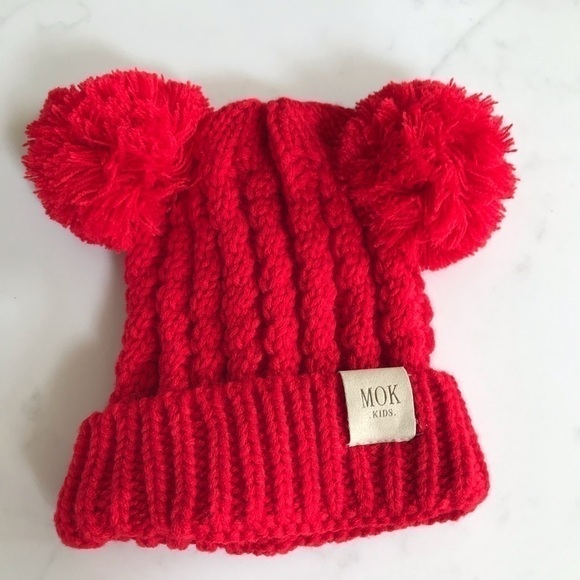Red Pom Ball Winter Toddler Hat - Picture 3 of 4
